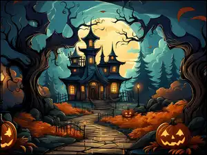 Droga, Grafika, Księżyc, Dynie, Halloween, Drzewa, Zamek, Noc