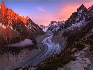 Mer de Glace, Góry, Mont Blanc, Zachód słońca, Alpy, Lodowiec, Francja, Masyw