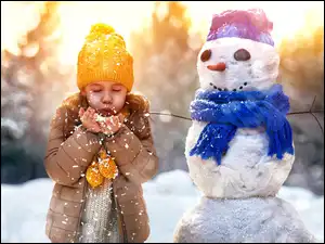 Bałwan, Szal, Dziewczynka, Zima, Czapka