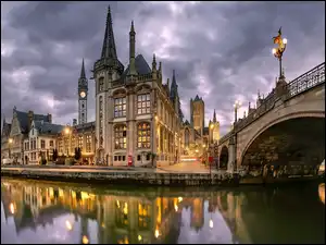 Światła, Belgia, Rzeka Leie, Chmury, Gandawa, Budynki, Odbicie, Most