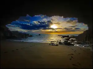 Wschód słońca, Jaskinia, Plaża, Morze