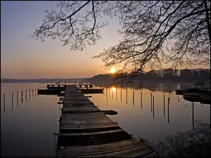 Jezioro, Drzewa, Słońca, Wschód, Molo