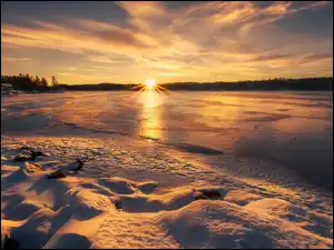 Dom, Norwegia, Las, Zima, Ringerike, Drzewa, Wschód słońca, Jezioro