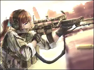 Broń, Karabin, Anime, Dziewczyna, Manga, Rysunek, Miasto