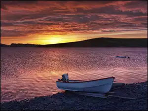 Łodzie, Słońca, Góry, Jezioro, Zachód