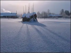 Domy, Zima, Śnieg, Siana, Drzewa, Stóg