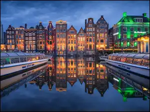Domy, Kanał, Holandia, Odbicie, Amsterdam, Noc, Statki