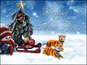 Bałwanek, Szyszka, Dwa, Bombki, Napis, Nowy Rok, Sanie, Happy New Year, Choinka, Tygrysy