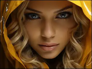Blondynka, Dziewczyna, Kurtka, 2D, Błyszcząca, Kaptur