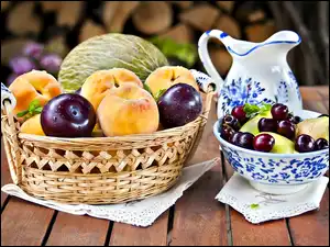 Jagody, Wiklinowy, Śliwki, Brzoskwinie, Koszyczek, Wiśnie, Owoce, Porcelana