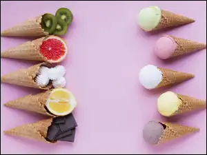 Rożki, Tło różowe, Wafelki, Lody, Owoce