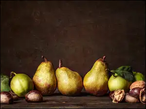 Orzechy, Kompozycja, Gruszki, Owoce, Kasztany