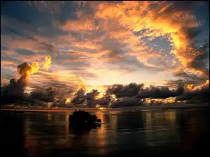 Wysepka, Ocean, Zachód, Tahiti, Chmury, Słońca