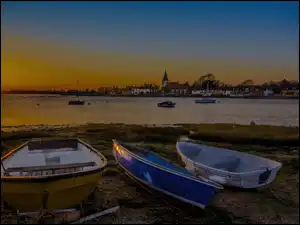 Zalew, Brzeg, Słońca, Zachód, Łodzie