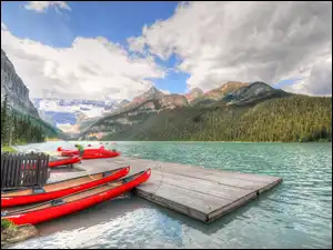 Prowincja Alberta, Park Narodowy Banff, Jezioro Lake Louise, Kanada, Góry, Pomost, Kajaki