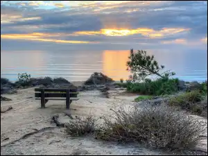 Ławeczka, Słońca, Plaża, Morze, Promienie