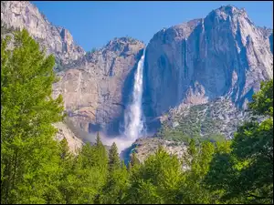 Kalifornia, Park Narodowy Yosemite, Góry, Wodospad, Stany Zjednoczone, Drzewa
