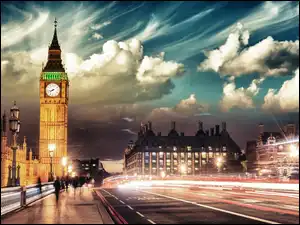 Most, Ulica, Big Ben, Londyn, Noc