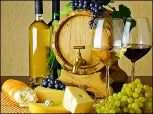 Kieliszki, Winogrona, Butelki, Baryłka, Wino