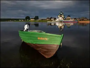 Cerkiew, Chmury, Łódź, Rzeka, Drzewa