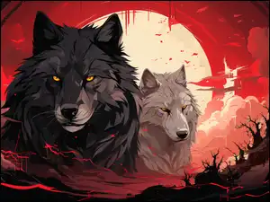 Dwa, Grafika, Czarny, Obłoki, Wilki, Biały