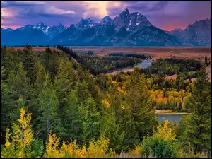 Rzeka, Stany Zjednoczone, Góry, Drzewa, Wyoming, Teton Range, Jesień, Park Narodowy Grand Teton