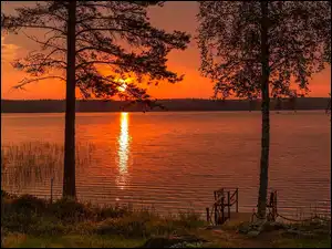 Jezioro, Słońca, Mostek, Drzewa, Zachód