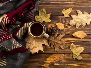 Szyszki, Szalik, Suche, Tło, Kawa, Liście, Deski, Filiżanka