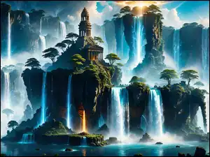 Wodospady, Świątynia, Fantasy, Grafika, Skały, Promienie słońca, Drzewa
