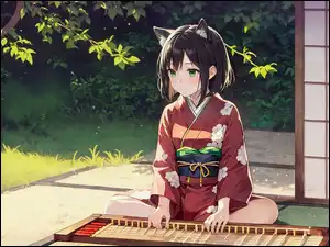 Trawa, Dziewczyna, Instrument, Dom, Uszy, Drzewa, Manga Anime, Kimono