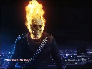 płonie, miasto, czaszka, Ghost Rider, łańcuch