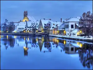 Miasto, Zima, Most, Rzeka, Noc