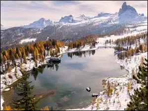 Włochy, Góry, Cortina dAmpezzo, Las, Drzewa, Dolomity, Jezioro, Zima, Lago Federa