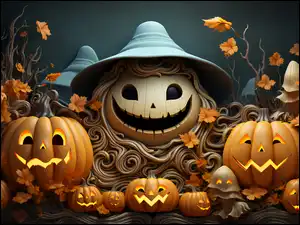 Kapelusz, Halloween, Uśmiechnięty, Liście, Świecące, Duszek, Grafika, Dynie