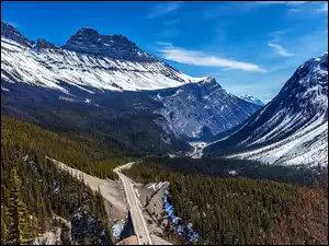 Kanada, Góry, Park Narodowy Banff, Las, Droga, Canadian Rockies, Góra, Ośnieżone, Cirrus Mountain