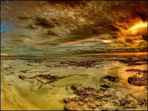 Plaża, Zachód Słońca, Chmury