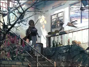 Okna, Kaktusy, Kwiaty, Dynie, Dziewczyna, Anime, Walizka, Schody, Miotła, Drzewo