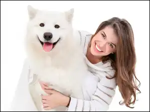 Samojed, Uśmiechnięta, Kobieta, Pies