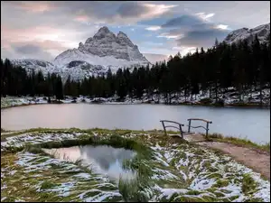 Włochy, Drzewa, Mostek, Las, Jezioro Antorno Lake, Zima, Dolomity, Góry, Masyw Tre Cime di Lavaredo, Prowincja Belluno
