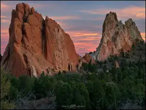 Kolorado, Stany Zjednoczone, Góry, Drzewa, Garden of the Gods, Skały