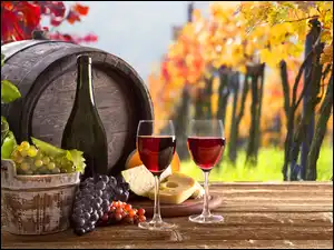 Winogrona, Ser, Dekoracja, Wino, Drzewa, Beczułka, Ławka