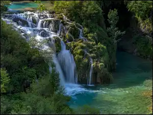 Plitvice, Chorwacja, Korana Waterfall, Park Narodowy Jezior Plitwickich, Wodospad, Skały, Drzewa