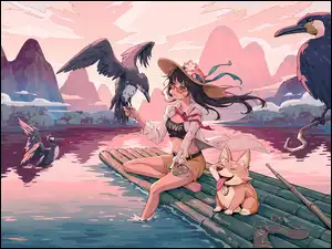 Góry, Kobieta, Jezioro, Zachód słońca, Dziewczyna, Ptaki, Anime, Tratwa