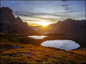 Włochy, Zachód słońca, Dolomity, Góry, Jeziora
