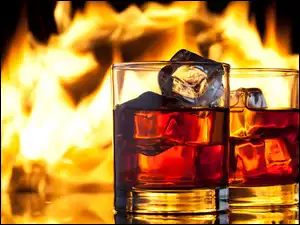Kostki, Płomienie, Whisky, Szklanki, Lodu