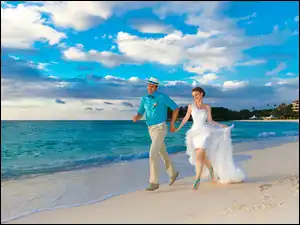 Morze, Młoda, Para, Plaża