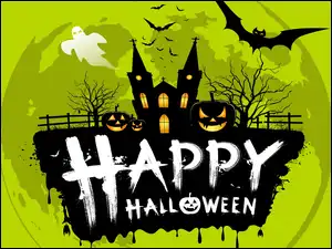 Płot, Happy Halloween, Drzewa, Zielone, Tło, Zamek, Dynie, Halloween, Nietoperze