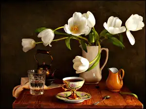 Porcelana, Czajniczek, Tulkpany, Białe, Szklanka