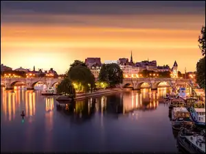 Łodzie, Francja, Most Pont Neuf, Drzewa, Paryż, Domy, Światła, Rzeka Sekwana