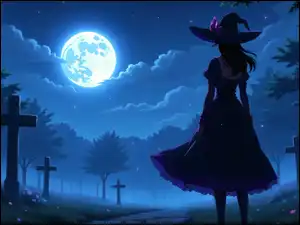 Cmentarz, Dziewczyna, Księżyc, Halloween, Krzyże, Grafika AI